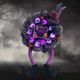 1pc Halloween Purple Wreath With Eye Beads Witch Hat & Leg Wreath Glow LED
