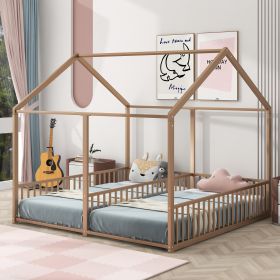 Metal Twin Size House Platform Beds, Two Shared Beds, Gold