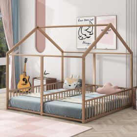 Metal Twin Size House Platform Beds, Two Shared Beds, Gold