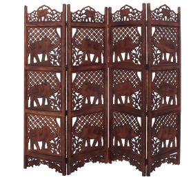 Hand Carved Elephant Design Foldable 4 Panel Wooden Room Divider, Brown