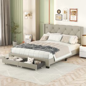 Queen Size Storage Bed Linen Upholstered Platform Bed with Two Drawers - Beige