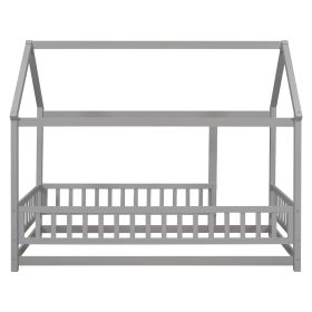 Twin Size Floor Wooden Bed with House Roof Frame, Fence Guardrails,Grey