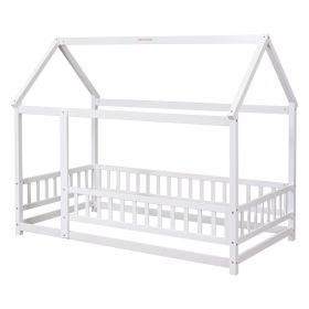Twin Size Floor Wooden Bed with House Roof Frame, Fence Guardrails,White