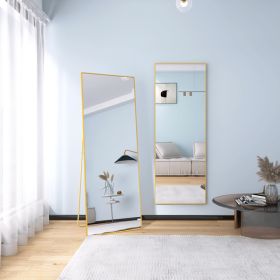 65" x 24" Wall Mounting Full Body Mirror, Full Length Mirror with Stand, Alloy Frame Full-Length Mirror for Living Room, Bedroom, Gold