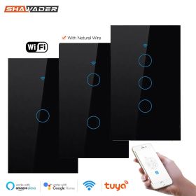Wifi Smart Light Switch Glass Screen Touch Panel Voice Control Wireless Wall Switches Remote with Alexa Google Home 1/2/3/4 Gang Black Color (Gang: 4)