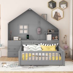Full Size House Bed with Window and Bedside Drawers, Platform Bed with Shelves and a set of Sockets and USB Port (Color: Gray)
