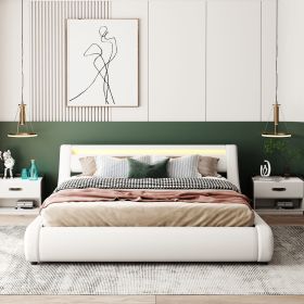 Upholstered Faux Leather Platform bed with a Hydraulic Storage System with LED Light Headboard Bed Frame with Slatted Queen Size (Color: White)