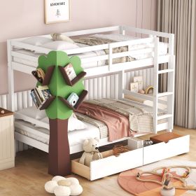 Twin-Over-Twin Bunk Bed with a Tree Decor and Two Storage Drawers (Color: White)