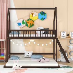 Twin Over Twin-Twin House Bunk Bed with Extending Trundle and Ladder (Color: Espresso)