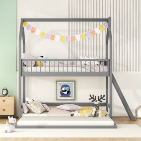 Twin Over Twin-Twin House Bunk Bed with Extending Trundle and Ladder (Color: Gray)