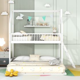 Twin Over Twin-Twin House Bunk Bed with Extending Trundle and Ladder (Color: White)