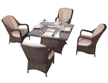 Turnbury Outdoor 5 Piece Patio Wicker Gas Fire Pit Set Square Table with Arm Chairs by Direct Wicker (Set: 5 Pieces)